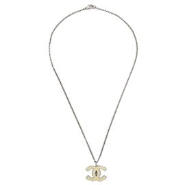 Chanel CC Logo Anhänger Halskette Metall Silber