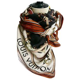 LOUIS VUITTON Châle monogram cachemire soie Marron TBE Multicolore
