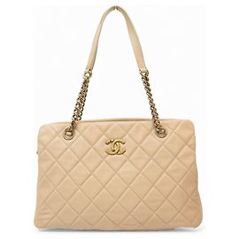 BOLSA DE MÃO CHANEL CROWN TOTE CABAS COURO MATELASSÉ BEGE Bege