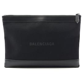 Balenciaga-Clutch Balenciaga em lona e couro navy Clip M-Preto