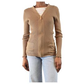Prada Karamellfarbener gerippter Reißverschluss-Cardigan - Größe UK 6 Braun