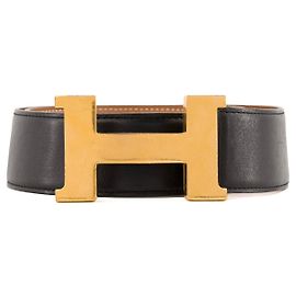 HERMÈS - Cinto H Hermès em couro preto (T80) Marrom