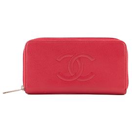 CHANEL - Carteira Longa com Zíper Chanel em couro texturizado rosa Rosa