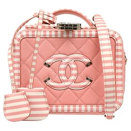 Chanel Filigran Schminktasche Gestepptes Kaviar mit Gestreiftem Leder Klein Pink