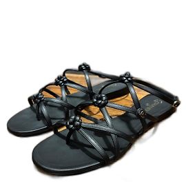Chanel Small Camelia Black Leather Sandals 39 Black