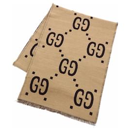 Gucci-Cachecol de lã e seda GG Jacquard da Gucci-Marrom,Bege