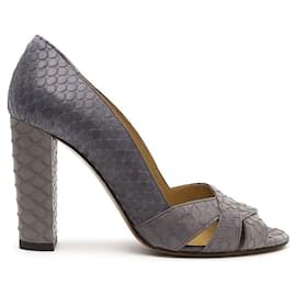 Loewe Python Peep-Toe Pumps mit Quadratabsatz. Blau Grau