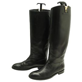 LOUIS VUITTON HERITAGE CAVALIERES BLACK LEATHER BOOTS WITH LV LOGO 37 RIDING BOOTS Black
