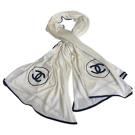Chanel XL Avorio Nero Cashmere Sciarpa Stola Doppio CC Nero Beige