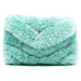 Saint Laurent Grüner Shearling Loulou Puffer Clutch Grün