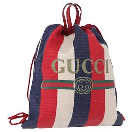 Gucci Logo Drawstring Backpack Striped Canvas Large Blue