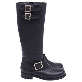Jimmy Choo Wrinkled Yule Biker Boots in Black Leather Black