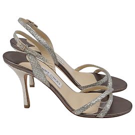 Jimmy Choo Glitter Slingback Sandals in Silver Leather Silvery Metallic
