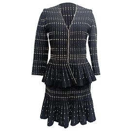 Set Cardigan Peplum a Righe e Gonna Midi in Viscosa Nera di Alexander McQueen Nero
