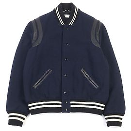 Yves Saint Laurent Saint Laurent Paris Teddy Jacket Leather Trimmed Varsity Jacket Blue Navy blue