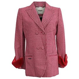 Fendi Double-Breasted Plaid Fur-Trimmed Blazer in  Red Wool Red