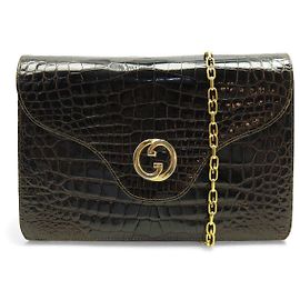 BOLSA DE MÃO GUCCI RABAT LOGO CC EM COURO DE CROCODILO VINTAGE Marrom