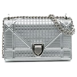 Dior-Dior Silver Mini Metallic Patent Microcannage Diorama Flap-Silvery