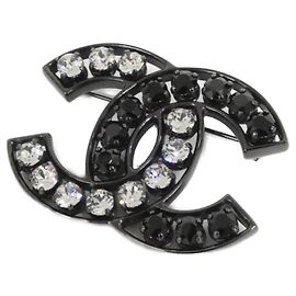Chanel Black Metal Crystal Brooch Black