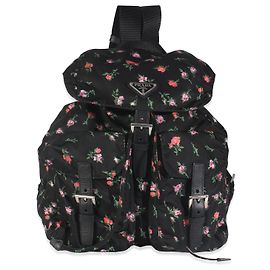 Prada Black Dis Rose Tessuto Nylon Saffiano Stampata Drawstring Backpack Black Pink