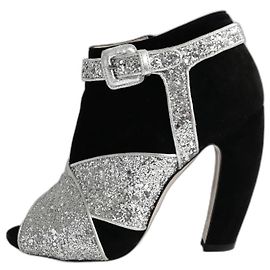 Miu Miu Fall 2011 Glitter & Suede Curved Heel Ankle Boots Booties Black Silvery