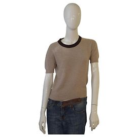 CHANEL Boutique Vintage Kurzarm Strickpullover Beige/Braun CC Knopf Größe S Beige