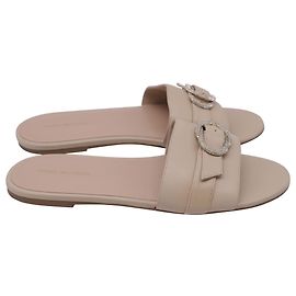 Stuart Weitzman Crystal-Embellished Slides in Beige Leather Beige