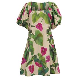 Robe Mini à Manches Bouffantes Imprimée Tropicale Farm Rio en Lin Multicolore Multicolore