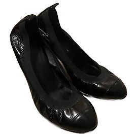Chanel Elastic Ballet Heels Black Patent Leather Black
