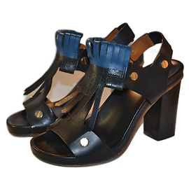 Sandales Chloé en cuir noir et bleu à franges taille 37 Noir Bleu