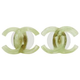 Chanel Coco Mark Plastic Green Stud Earrings Green