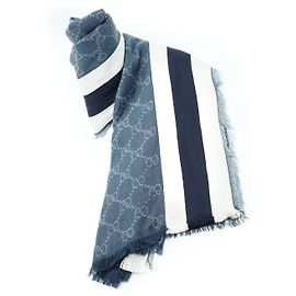 Gucci Chal de seda y algodón con flecos GG Azul