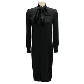 Ralph Lauren Collection Vestido midi de seda com gola de laço preto e mangas longas da coleção Ralph Lauren Preto