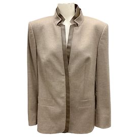 Escada Taupe Faux Leather Trimmed Wool Blazer Beige