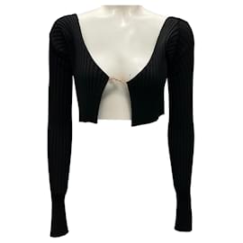 Jacquemus-Jacquemus Black / Gold Script Nameplate Detail Cropped Ribbed Knit Sweater-Black