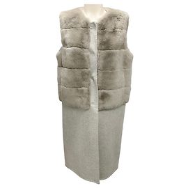 Yves Salomon Light Grey Rabbit Fur and Wool Long Vest Grey