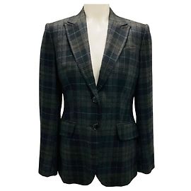 Kiton Green / Black Plaid Silk Lined Cashmere Blazer Green