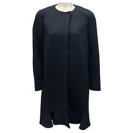 Marni Navy Collarless Round Neck Ruffled Hem Wool Coat Navy blue