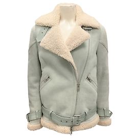 All Saints Powder Blue Hawley Oversized Shearling Biker Jacket Blue