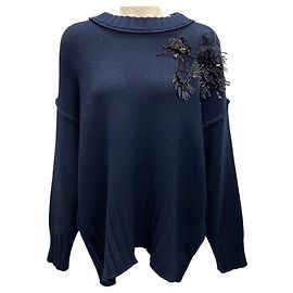 Jason Wu Collection Navy Embellished Merino Wool Knit Sweater Navy blue