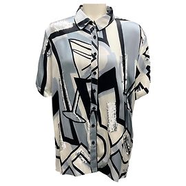 Retrofête Retrofete Silver / Black Sequined Martini Print Silk Blouse Silvery