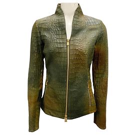 Escada Green Embossed Full Zip Lamb Leather Jacket Green