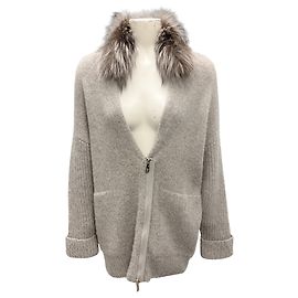 Grauer Strickcardigan mit Pelzbesatz von Peserico Grau
