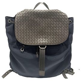 Bottega Veneta Intrecciato Nylon and Leather Backpack Brown Navy blue