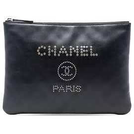 Chanel Black Medium Caviar Deauville Studded O Case Clutch Black