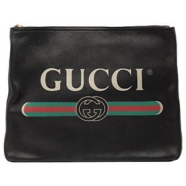 Gucci Black Medium Leather Logo Portfolio Clutch Black