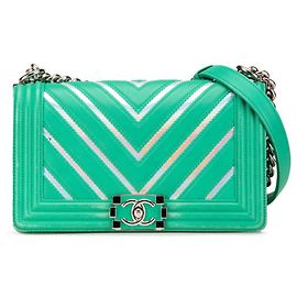 Chanel Boy Flap Chevron Lambskin with Holographic PVC Old Medium Vert