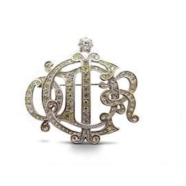 VINTAGE-BROSCHE CHRISTIAN DIOR LOGO & STRASS SILBERNE METALLBROSCHE Silber