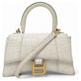 BOLSA BALENCIAGA HOURGLASS XS 592833 EM COURO COM ESTILO DE CROCODILO ECRU Cru