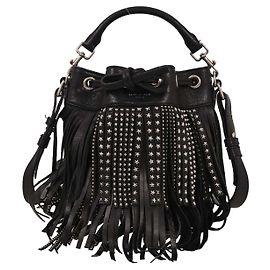 Borsa a secchiello Emmanuelle con frange in pelle chiodata Saint Laurent - Piccola Nero